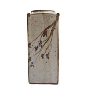 Heavy Stoneware Clay Urn Vase Rustic Floral Rectangular Brown & Beige Glaze